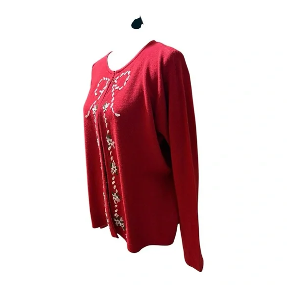 Emma James Red Holiday Cardigan, embellished style ribbon/bead floral designs - Picture 5 of 7